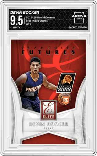 Devin Booker from the 2015-16 Panini Donruss Basketball set graded by Arena Club and given an overall grade of 9.5.