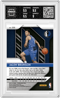 Jalen Brunson from the 2018-19 Panini Prizm set graded by Arena Club and given an overall grade of 9.5.