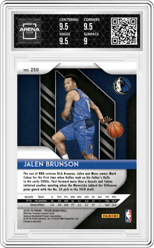 Jalen Brunson from the 2018-19 Panini Prizm set graded by Arena Club and given an overall grade of 9.5.