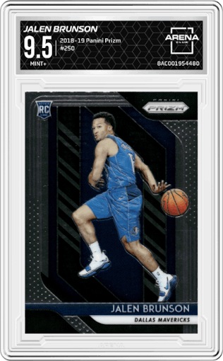 Jalen Brunson from the 2018-19 Panini Prizm set graded by Arena Club and given an overall grade of 9.5.