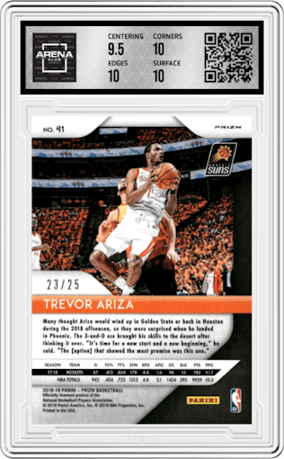 Trevor Ariza from the 2018-19 Panini Prizm set featuring a Mojo parallel graded by Arena Club and given an overall grade of 10.