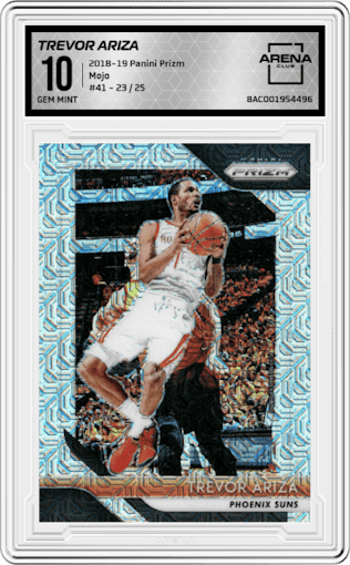 Trevor Ariza from the 2018-19 Panini Prizm set featuring a Mojo parallel graded by Arena Club and given an overall grade of 10.