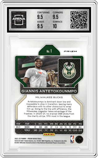 Giannis Antetokounmpo from the 2021-22 Panini Prizm  set featuring a Silver Prizm parallel graded by Arena Club and given an overall grade of 10.