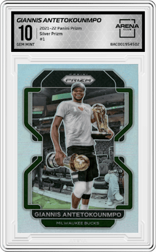 Giannis Antetokounmpo from the 2021-22 Panini Prizm  set featuring a Silver Prizm parallel graded by Arena Club and given an overall grade of 10.