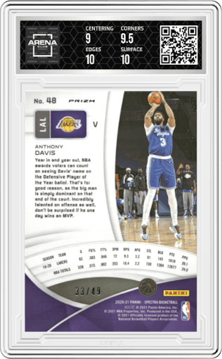 Anthony Davis from the 2020-21 Panini Spectra set featuring a Asia Blue Orange parallel graded by Arena Club and given an overall grade of 9.5.