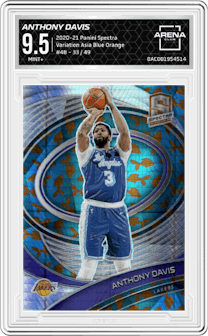 Anthony Davis from the 2020-21 Panini Spectra set featuring a Asia Blue Orange parallel graded by Arena Club and given an overall grade of 9.5.