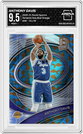 Anthony Davis from the 2020-21 Panini Spectra set featuring a Asia Blue Orange parallel graded by Arena Club and given an overall grade of 9.5.