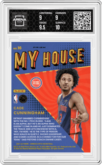 Cade Cunningham from the 2021-22 Panini Donruss Optic set featuring a Holo parallel graded by Arena Club and given an overall grade of 9.5.