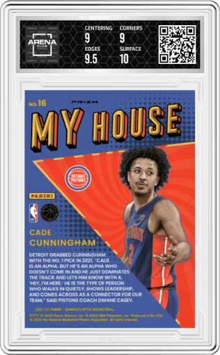 Cade Cunningham from the 2021-22 Panini Donruss Optic set featuring a Holo parallel graded by Arena Club and given an overall grade of 9.5.