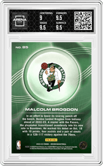 Malcolm Brogdon from the 2022-23 Panini Recon set featuring a Holo Dots parallel graded by Arena Club and given an overall grade of 9.5.