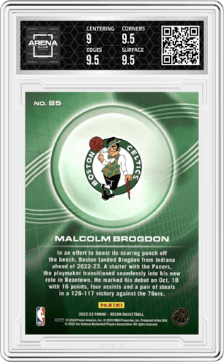 Malcolm Brogdon from the 2022-23 Panini Recon set featuring a Holo Dots parallel graded by Arena Club and given an overall grade of 9.5.