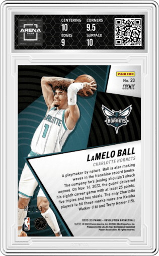  LaMelo Ball from the 2022-23 Panini Revolution  set featuring a Cosmic parallel graded by Arena Club and given an overall grade of 9.5.