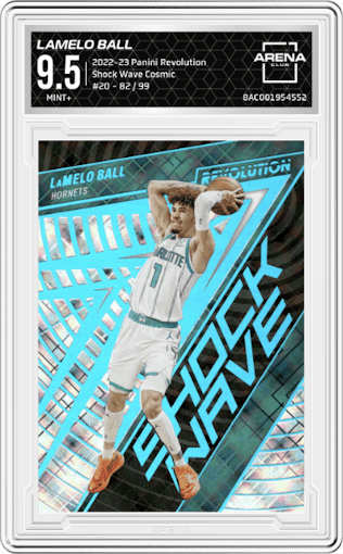  LaMelo Ball from the 2022-23 Panini Revolution  set featuring a Cosmic parallel graded by Arena Club and given an overall grade of 9.5.