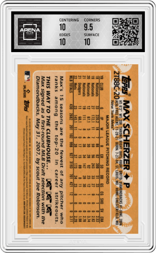 Max Scherzer from the 2023 Topps Silver Pack set graded by Arena Club and given an overall grade of 10.