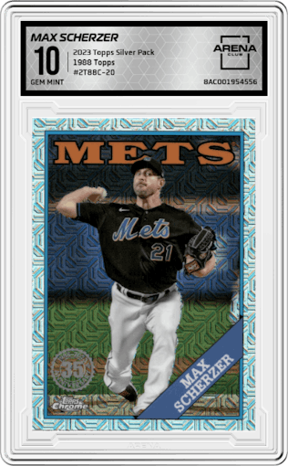 Max Scherzer from the 2023 Topps Silver Pack set graded by Arena Club and given an overall grade of 10.