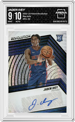 Jaden Ivey from the 2022-23 Panini Revolution  set graded by Arena Club and given an overall grade of 9.