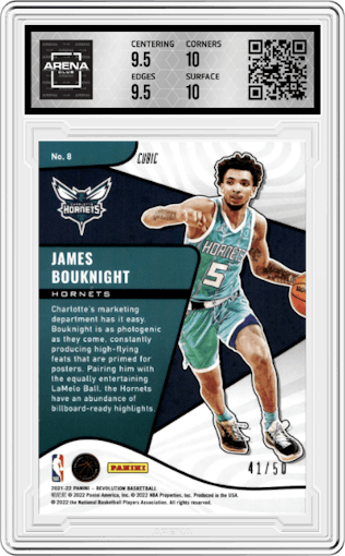 James Bouknight from the 2021-22 Panini Revolution  set featuring a Cubic parallel graded by Arena Club and given an overall grade of 10.