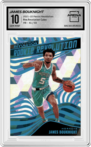 James Bouknight from the 2021-22 Panini Revolution  set featuring a Cubic parallel graded by Arena Club and given an overall grade of 10.