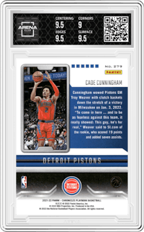 Cade Cunningham from the 2021-22 Panini Chronicles set graded by Arena Club and given an overall grade of 9.5.