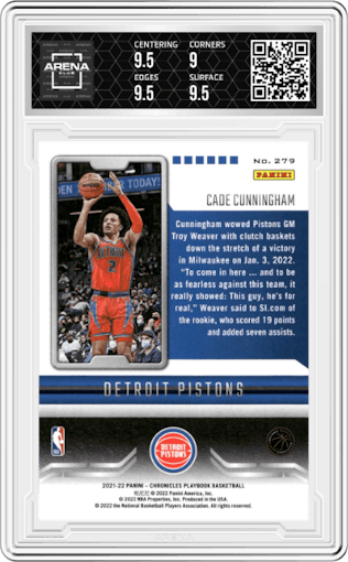 Cade Cunningham from the 2021-22 Panini Chronicles set graded by Arena Club and given an overall grade of 9.5.