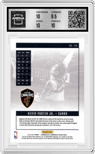 Kevin Porter Jr. from the 2019-20 Panini Chronicles  set featuring a Green parallel graded by Arena Club and given an overall grade of 10.