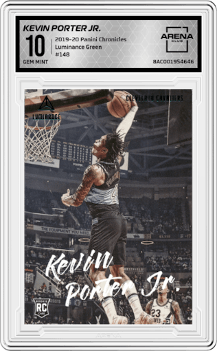 Kevin Porter Jr. from the 2019-20 Panini Chronicles  set featuring a Green parallel graded by Arena Club and given an overall grade of 10.