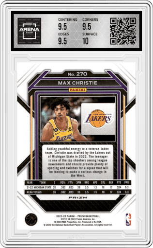 Max Christie from the 2022-23 Panini Prizm  set featuring a Pink Ice parallel graded by Arena Club and given an overall grade of 10.