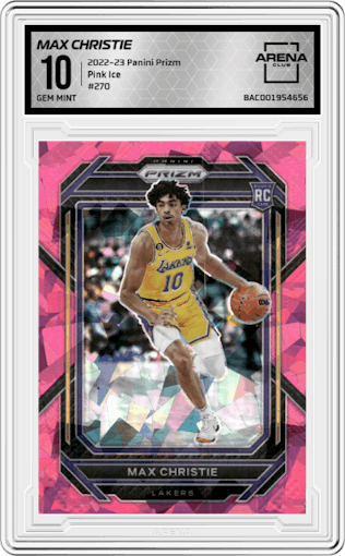 Max Christie from the 2022-23 Panini Prizm  set featuring a Pink Ice parallel graded by Arena Club and given an overall grade of 10.