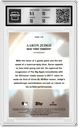 Aaron Judge from the 2022 Topps Chrome set graded by Arena Club and given an overall grade of 10.