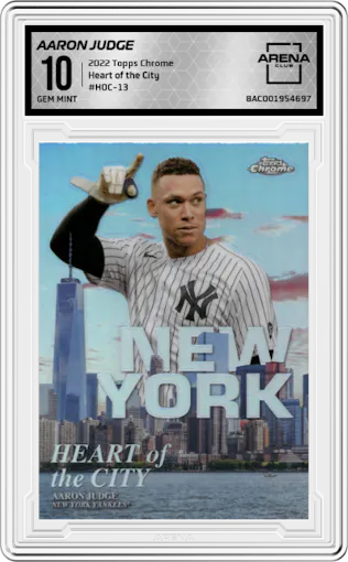 Aaron Judge from the 2022 Topps Chrome set graded by Arena Club and given an overall grade of 10.