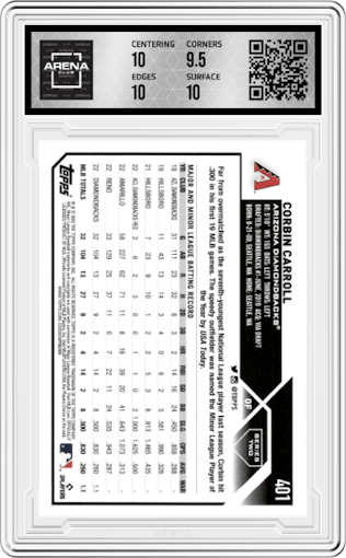 Corbin Carroll from the 2023 Topps set graded by Arena Club and given an overall grade of 10.