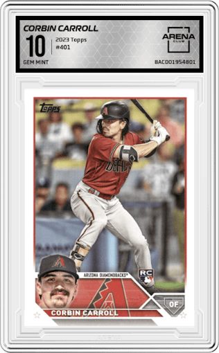 Corbin Carroll from the 2023 Topps set graded by Arena Club and given an overall grade of 10.