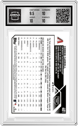 Corbin Carroll from the 2023 Topps set graded by Arena Club and given an overall grade of 10.