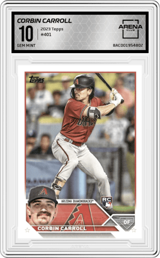 Corbin Carroll from the 2023 Topps set graded by Arena Club and given an overall grade of 10.