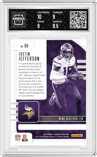Justin Jefferson from the 2020 Panini Absolute set graded by Arena Club and given an overall grade of 9.