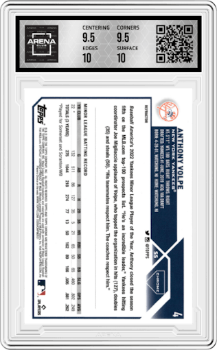 Anthony Volpe from the 2023 Topps Chrome set featuring a Refractor parallel graded by Arena Club and given an overall grade of 10.