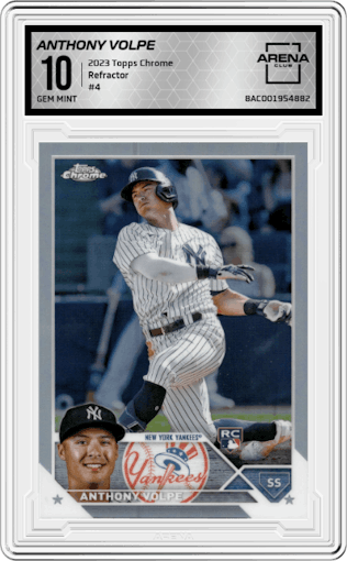 Anthony Volpe from the 2023 Topps Chrome set featuring a Refractor parallel graded by Arena Club and given an overall grade of 10.