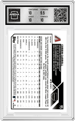 Corbin Carroll from the 2023 Topps Chrome set featuring a Refractor parallel graded by Arena Club and given an overall grade of 10.