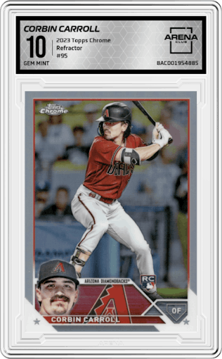 Corbin Carroll from the 2023 Topps Chrome set featuring a Refractor parallel graded by Arena Club and given an overall grade of 10.