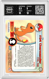 Charmander from the 1999 Pokemon set graded by Arena Club and given an overall grade of 9.