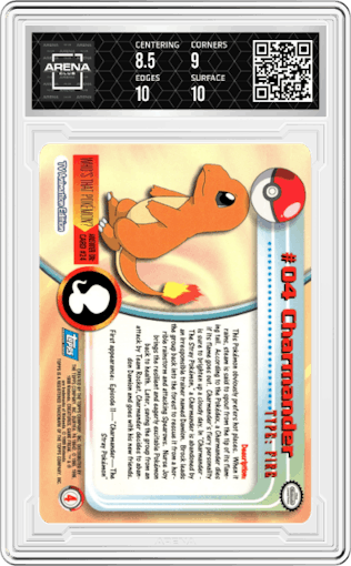 Charmander from the 1999 Pokemon set graded by Arena Club and given an overall grade of 9.