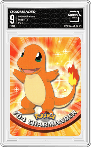 Charmander from the 1999 Pokemon set graded by Arena Club and given an overall grade of 9.
