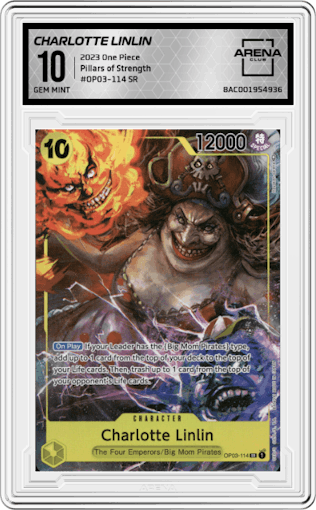 Charlotte Linlin from the 2023 One Piece set graded by Arena Club and given an overall grade of 10.
