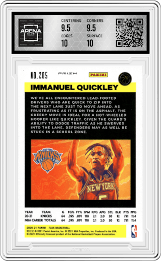 Immanuel Quickley from the 2020-21 Panini Flux set featuring a Silver parallel graded by Arena Club and given an overall grade of 10.
