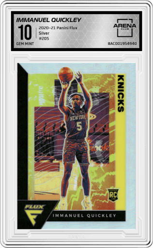 Immanuel Quickley from the 2020-21 Panini Flux set featuring a Silver parallel graded by Arena Club and given an overall grade of 10.