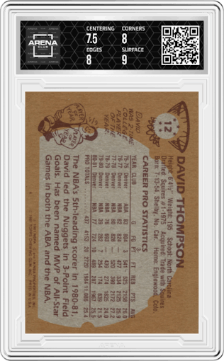 David Thompson from the 1981-82 Topps  set graded by Arena Club and given an overall grade of 8.