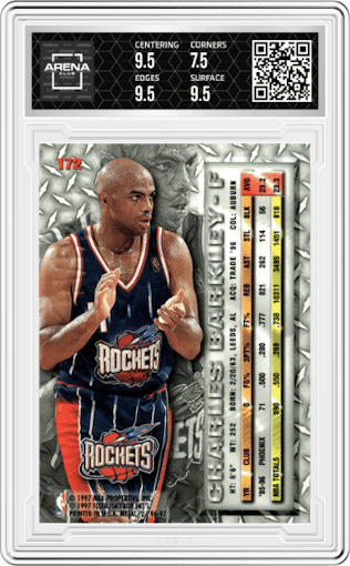 Charles Barkley from the 1996-97 Fleer Metal  set graded by Arena Club and given an overall grade of 8.