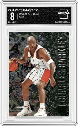 Charles Barkley from the 1996-97 Fleer Metal  set graded by Arena Club and given an overall grade of 8.