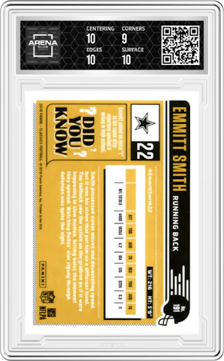 Emmitt Smith from the 2018 Panini Classics set featuring a Timeless Tributes Gold parallel graded by Arena Club and given an overall grade of 9.5.