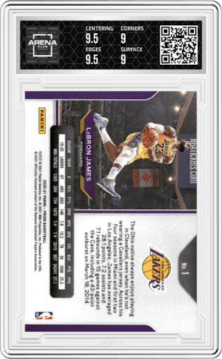 LeBron James from the 2020-21 Panini Prizm set graded by Arena Club and given an overall grade of 9.5.